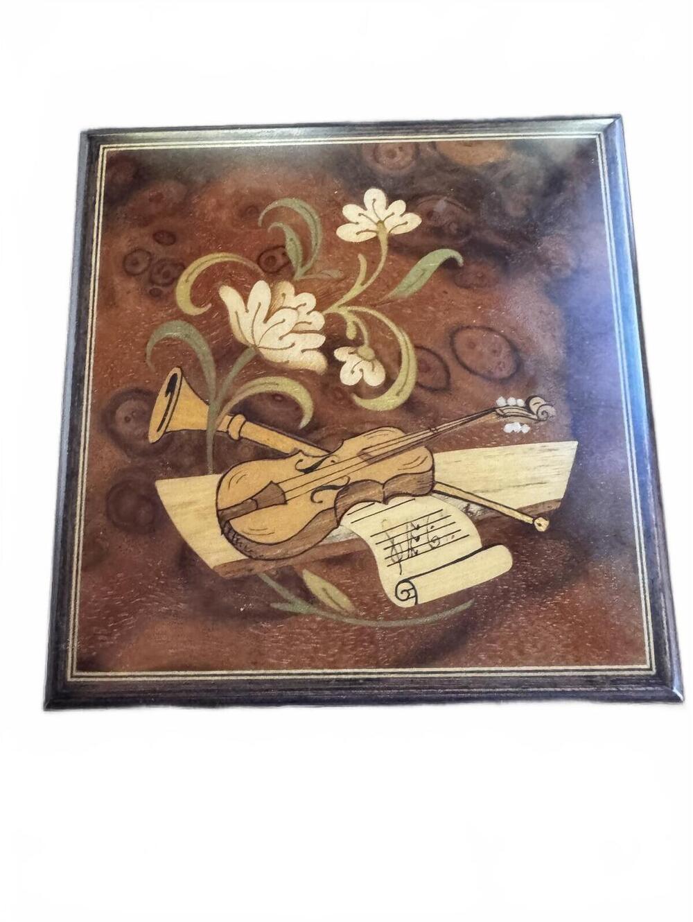 Vintage Italian Inlaid Wood Music Box Marquetry Violin
